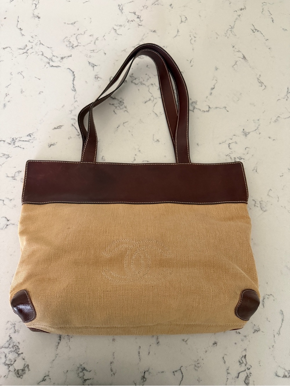 Chanel Summer Raffia Woven & Leather Tote Bag Tan Dark Brown Vintage Large